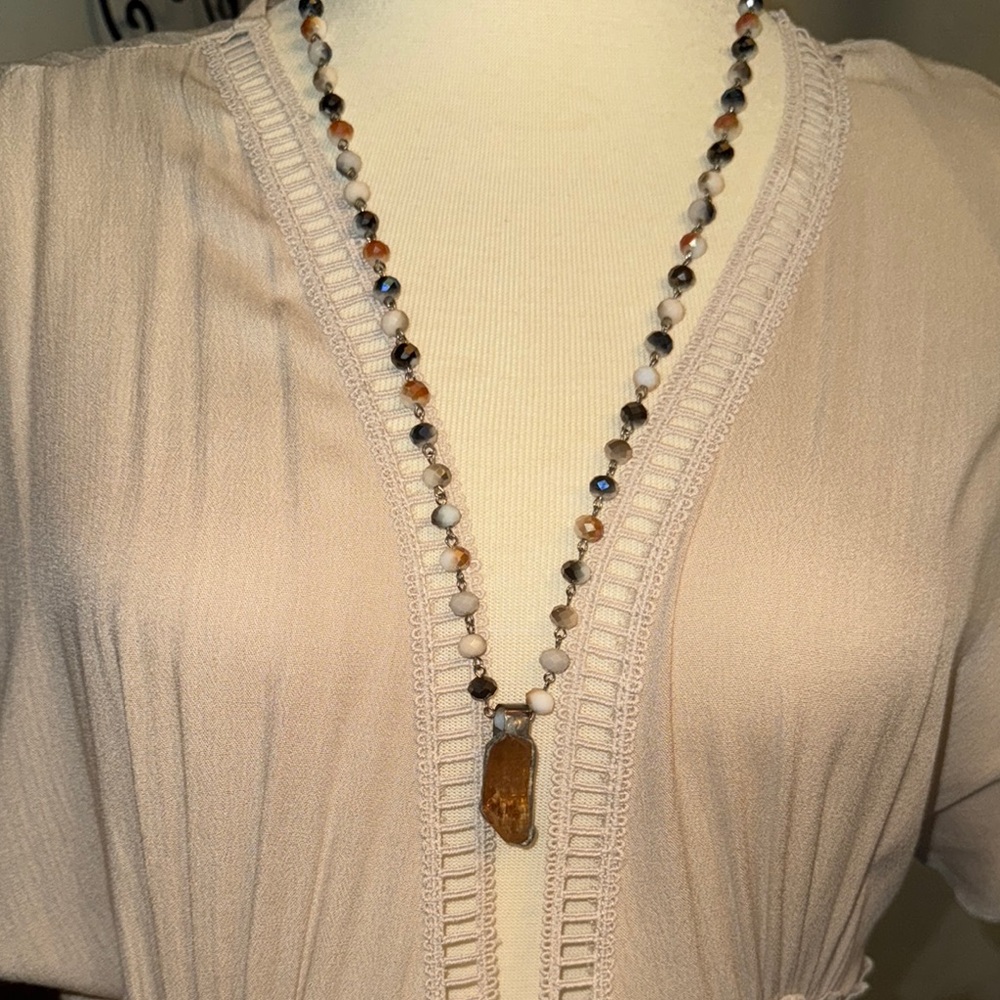 Elegant Beaded Necklace with raw Citrine Pendant